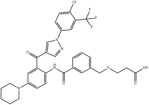 3-((3-((2-(1-(4-Chloro-3-(trifluoromethyl)phenyl)-1H-pyrazole-4-carbonyl)-4-(piperidin-1-yl)phenyl)carbamoyl)benzyl)thio)propanoic acid
