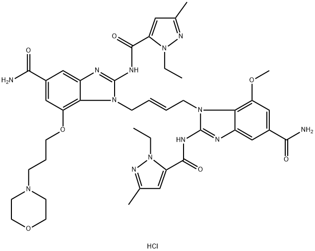 (E)-1-(4-(5-Carbamoyl-2-(1-ethyl-3-methyl-1H-pyrazole-5-carboxamido)-7-(3-morpholinopropoxy)-1H-benzo[d]imidazol-1-yl)but-2-en-1-yl)-2-(1-ethyl-3-methyl-1H-pyrazole-5-carboxamido)-7-methoxy-1H-benzimidazole-5-carboxamide tris(hydrochloride)
